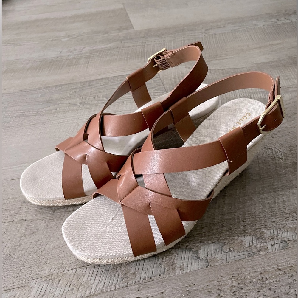 Cole Haan Women’s Crystal Honey Brown Leather Wedge Sandals Sz 6 *NEW*
